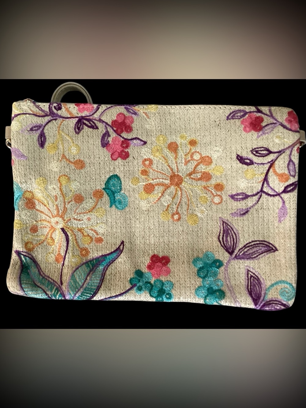FLORAL EMBROIDERED STRAW CROSSBODY/CLUTCH BAG